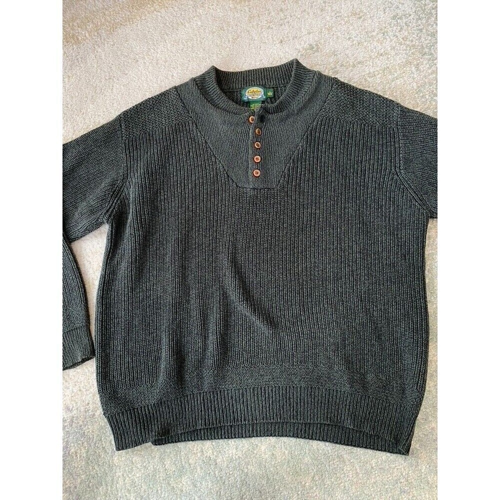 CABELA'S Men's Sz L Green 1/4-Button Henley Knit Sweater Pullover